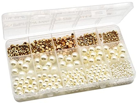 Skyzone Bead Making Kit - 720 PCS White Pearl & Gold Ball Heart Star Flat Spacer Beads for DIY Jewelry Crafts (10 Different Designs)
