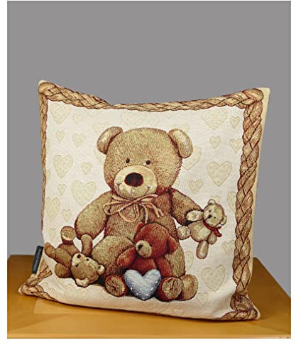 atelier alles-Spitze Charmante Gobelin-Kissenbezug Teddybär 45x45 cm | Pflegeleichte und strapazierfähige Kissenhülle in beige-braun | ideal für Sofa, Bett und Kinderzimmer-Dekoration