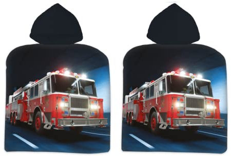 BrandMac Kinder Poncho Badeponcho mit Kapuze Feuerwehr Einsatzfahrzeug Blaulicht schwarz, 50 x 100 cm, 100% Baumwolle, für Jungen und Mädchen