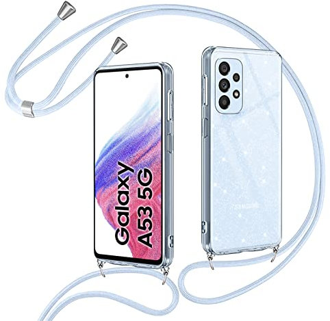 Vauki Handykette Hülle Glitzer für Samsung Galaxy A53 5G mit Band,Silikon Transparent Handyhülle mit Kordel Kette Handytasche zum Umhängen,Glitter Stoßfest Schutzhülle Case für Galaxy A53 6.5,Violett