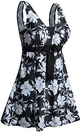 Ecupper Maillot de Bain Une Pieces pour Femme Rétro Jupe avec Volantée Contrôle du Ventre Push Up Col en V Fleur Blanc-a 5XL