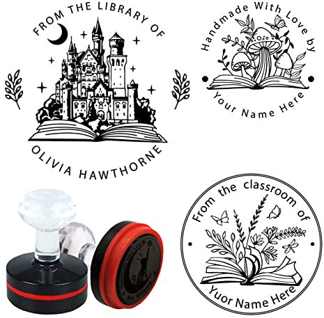 PLIGREAT Personalisierte Stempel Individueller Text Libris Stempel, Custom Namens- und Adress Firmenstempel mit 16 Entwürfe, Selbstfärbender Runder Stempel für Buch Lehrer Hochzeiten