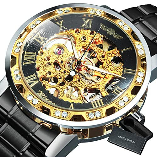 YONY Neue mechanische Uhr Männer schnitzen Kristall Iced Out Herrenuhren Top-Marke Luxus Stahlband Unisex Größe Uhr-BO SCHWARZ Gold SCHWARZ