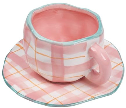 Koythin Ceramic Coffee Mug, Cute Pink Cup for Women with Saucer for Office and Home, Dishwasher and Microwave Safe, 10 oz/300 ml for Latte Tea Milk (Pink Check)