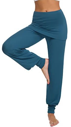 Terecey Yogahose Damen Lang mit Rock Freizeithose Baumwolle Jogginghose Hohe Taille Pumphose Haremhose für Yoga Pilates Tanzen Joggen Navy Blau XL