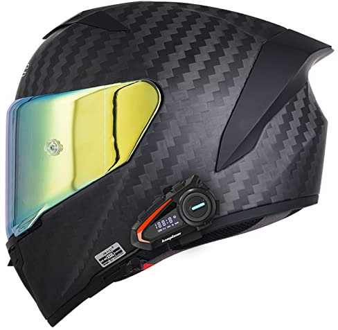 RUANLOV Kohlefaser Motorradhelm Modulare Klapphelm Mit Bluetooth Integrierter Bluetooth ECE Genehmigt Motorrad Full Face Helm Rollerhelm Doppelspiegel Sturzhelm FüR Damen Herren (C XXL=63~64CM)