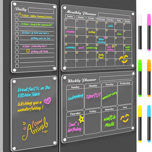 DIYMAG Magnetic Calendar for Refrigerator 4 PCS Dry Erase Whiteboard 15.2x11.2 Magnet Fridge Wall Planners Planning Acrylic Clear Chalkboard Apartment Decor Meal Planner with 6 Colors Markers