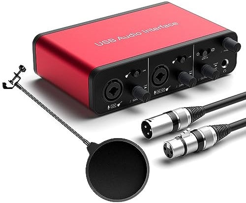 2i2 USB Audio Interface with 48V Phantom Power 24 Bit/192kHz with Pop Filter Support Smartphone，Tablet，PC， For the Guitarist/Vocalist/Podcaster/TikTok Anchor(No DAW Recording Software)