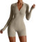 AIEOE Sport Jumpsuit Damen Kurz Eng Yoga Langarm One Piece mit Kragen Reißverschluss Bodysuit Playsuit Y2K Größe S Beige