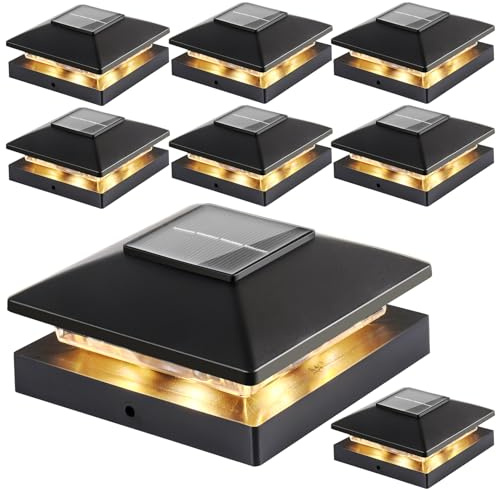 Solar Post Cap Lights Outdoor 8pack, Black Waterproof Solar Powered Deck Fence Post Lights Fit 4x4 Wood/Vinyl Posts, Bright Warm White Solar Post Lights Decorate Deck, Patio, Porch, Fence