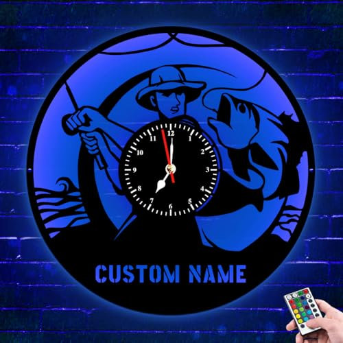 LED-Wanduhr, personalisierbar, mit individuellem Namen, beleuchtet, LED-Metall-Wanduhr, leise, nicht tickende Uhr für Vater, Angler, Angelbegeisterte, Geschenke, Männerhöhle, Bauernhaus-Dekor (Stil 5)