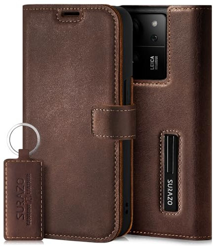 SURAZO Premium Handyhülle für Xiaomi 13T Pro & 13T 5G Hülle Leder – Klappbare Echtleder Schutzhülle [Magnet, Kartenfach, RFID Schutz, Standfunktion] Klapphülle Wallet Case Cover Lederhülle (Nussbraun)