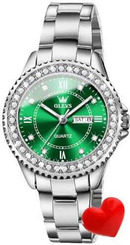 OLEVS Damen-Armbanduhr luxuriös Kristall Diamant formeller Edelstahl wasserdicht analog Quarz Datum leuchtende Uhr