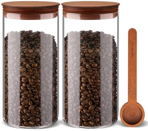 1500 ml Vorratsgläser mit Holz Deckel 2er Set, Vorratsdosen Glas mit Deckel Luftdicht und Schaufel für die Lagerung Kaffeebohnen, Weite Mund Vorratsglas für Kaffee Bar Veranstalter, Küchen Mehl