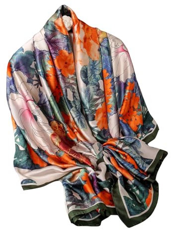 WEIGEER Silk Scarf Women Chiffon Shawl Stain Neckerchief Long Head Wrap Lightweight Scarf Ladies Hijab Belt Vintage Bridal Shawl Chiffon Scarf Muslim Cloth floral Christmas Scarf (Orange-blue)