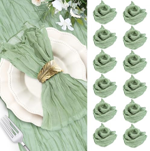 Grüne Boho Falten Stoffservietten,Angenehm weiche Stoffservietten Leinen,Seihtuch-Tischläufer Salbeigrün 50 x 50 cm,Rustikale Dekorative Tischservietten für Hochzeit,Weihnachten,Abendessen(12)