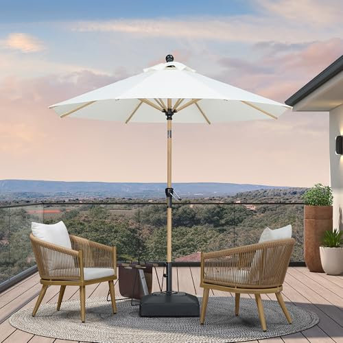 PURPLE LEAF Parasol de Jardin Extérieur 2,45 m en Aluminium Finition Teck, Parasol Rond Inclinable avec Manivelle et 8 Baleines, Antirouille et Résistant aux UV, Adapté aux Balcons, Terrasses, Crème