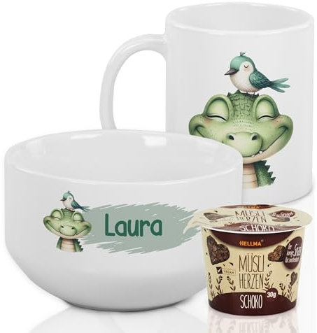 GRAZDesign Frühstückset Tasse mit Müslischale personalisiert für Kinder Krokodil Motiv aus Keramik - Geschenkset/Krokodil