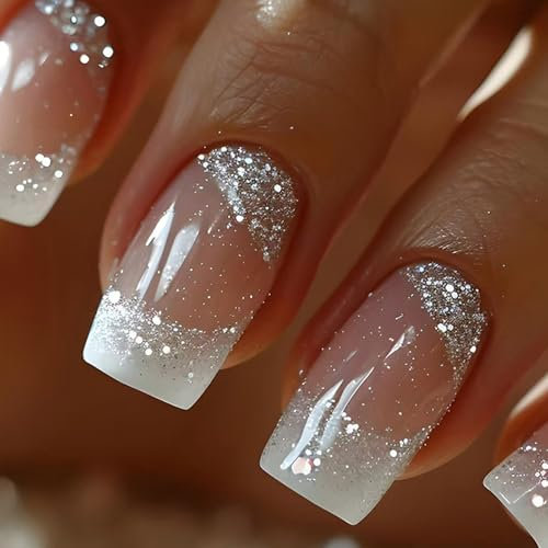 24 Medium Square Press On Nails | French Tip Glitter False Nails with Gel Effect - Reusable Self-Adhesive Full Cover Tips for Women, Bridal & Party | Salon-Quality Nail Art Kit