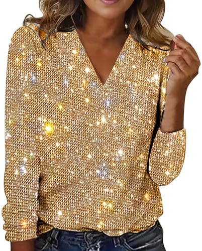 Pailletten Oberteil Damen, Festliche Tops Damen Lässig Outfit Sparkle Langarmshirts V-Ausschnitt mit Glitzer Langarm Shirts Vacation Herbst Winter mit Pailletten Oberteile Damen