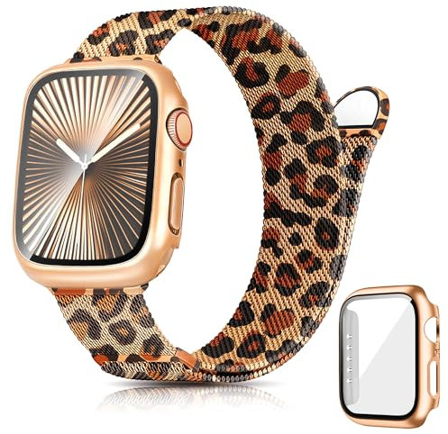 Ocaer Kompatibel mit Apple Watch Armband mit Gehäuse 40mm 41mm 42mm 44mm 45mm 46mm, Metall Magnetisch iWatch Armband für Apple Watch SE Series 10 9 8 7 6 5 4, Edelstahl Mesh Loop (Rosegold-Leopard)
