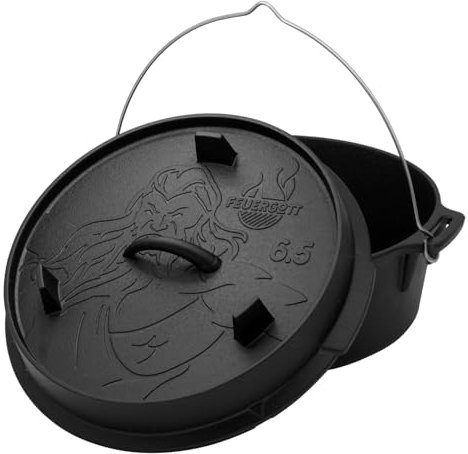 Feuergott Dutch Oven 6,5L ohne Füße – Großer Gusseisen Topf für Herd, Induktion, Backofen, Braten, Brot, Grill – Schmortopf für Familien, Eintopf, Aufläufe, Gulasch, Kochen, Bräter, BBQ, Küche