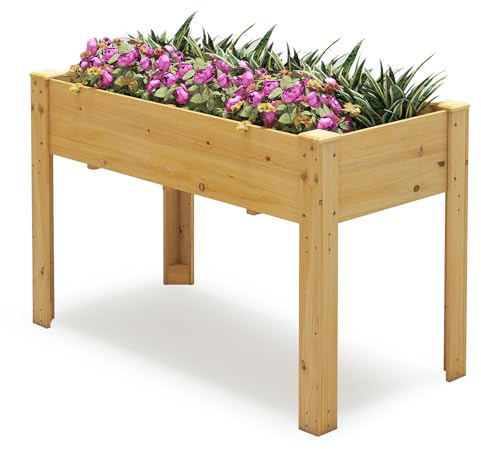 COSTWAY Cama Elevada para Jardín con Patas, Caja de Plantas Elevada de Madera con Agujeros de Drenaje y Espacios para Frutas, Verduras, Hierbas, Huerto Urbano para Patio Jardín Césped (Natural)