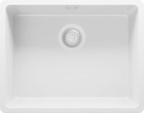 PRIMAGRAN Spülbecken ab 60er Unterschrank + Ablauf-Set, 56x44cm | Set: Ablauf-Set (Siphon, Ablaufgarnitur, Überlauf) + Granitspüle 1 Becken - Venedig Easy Slim, Alles Weiß