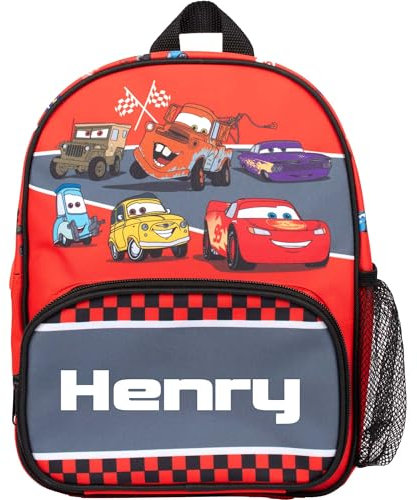 Disney Cars Personalised Kids Backpack, Toddlers Nursery Bag Mesh Water Bottle Pocket and Front Zipped Pockets, Personalised with any name Lightning Mcqueen Red