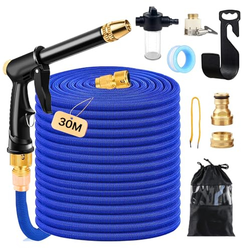 Tubo Estensibile da Giardino,Tubo da Giardino 30 Metri,Cui Generatore di Schiuma 3 Adattatori di Diverse Dimensioni e 1 Portatubo,Esterno, atio,Ecc
