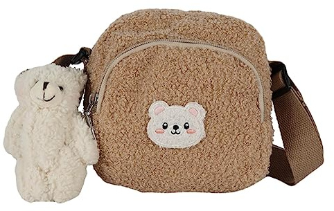 FRCOLOR Kuscheliger Crossbody Bag Lammwolle für Damen Stilvolle Umhängetasche mit Niedlichem Design Shopping Strand Partys Elegantem mit Passendem Bärenanhänger