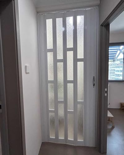 Retractable Accordion Screen Door - White PVC Folding Privacy Door with Frosted Acrylic Glass for Hallway Sliding Partition Gate (25x80in / 63.5x203cm)
