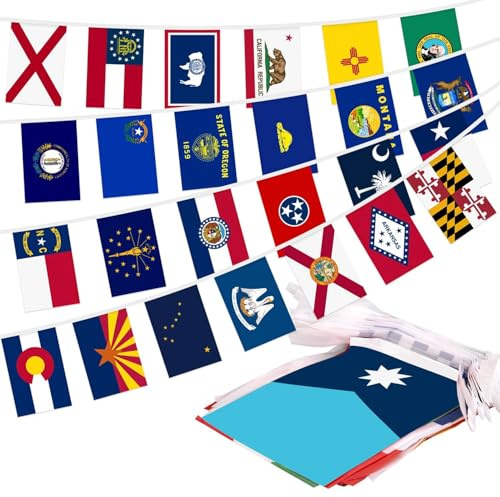 Lixure USA 50 Bundesstaaten Flaggenkette -Fahnenkette mit 51 Flaggen inkl. alter & neuer Minnesota zur Deko Amerikanische Flaggen á 30x20cm – 16m für Amerika Party Bar
