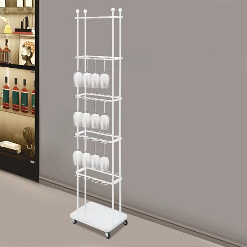 Floaaloac Bottle Rack, 5-tier Movable Wine Glass Stemware Rack, Champagne Flute Holders With Wheels, 40 Holder Rings for Hotel, Ceremony, Outdoor Activity (White)