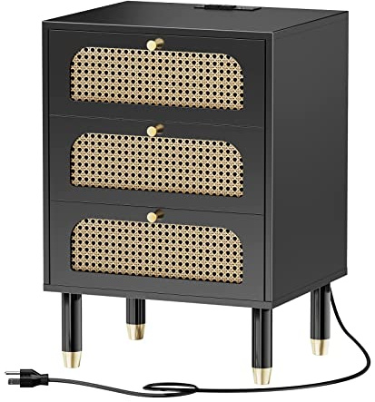 LEADZM Rattan Nachttisch 2er Set mit Ladestation, Nachttische 3 Schubladen 2er Set, Boho Endtisch/Beistelltisch, Rattan Nachttisch für Schlafzimmer (1, Schwarz)