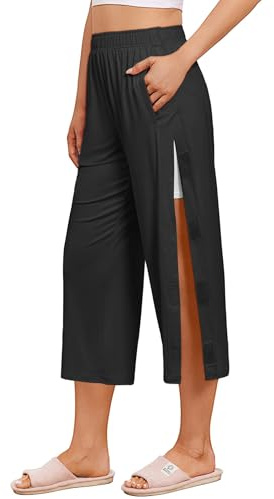 Deyeek Womens Tear Away Pants Capri Post Knee Ankle Replacement Surgery Pants Breakaway Sweatpants Side Snap with Pockets Black