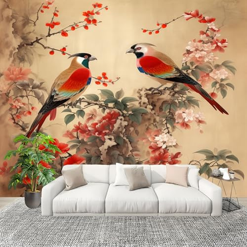 Papier Peint Intissé 3D Panoramique 400x280 cm Peintures Artistiques De Fleurs Et D'Oiseaux Papier Peint Photo Fresque Murale Décoration Murale Coloré Résistant à la Poussière, Poster Mural
