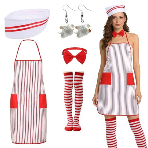 YDUNARISE 5er Popcorn Kostüm Damen,mit Schürze Rot Weiß Gestreift Kniestrümpfe Kochmütze Fliege Ohrringe,Koch kostüm,Popcorn Verkäufer Kostüm für Erwachsene Fasching Karneval Mottoparty