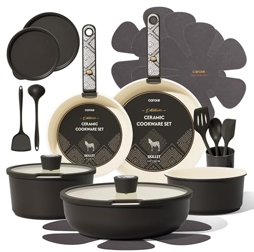 CAROTE 21 Piece Non-Stick Ceramic Cookware Set with Removable Handles, Non-Toxic, Induction Compatible, Dishwasher and Oven Safe, Charcoal Color.