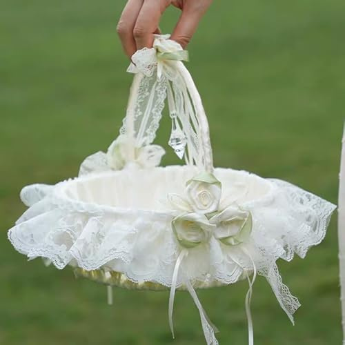 Große Blumenmädchen-Körbe für Hochzeiten, handgewebter Blumenmädchen-Korb mit schwingendem Spitzengriff, Satinblumen und Schleifen, Feenspitzen-Schleife und Partyzubehör