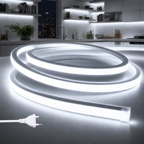PERVADEO LED Streifen Aussenbereich 230V Neon LED Strip, Silikon Wasserdicht Feuerfest IP65 Led Strip Silikon Aussen Schlauch 120LED/M Outdoor Lichtleiste Band Weiß 2M