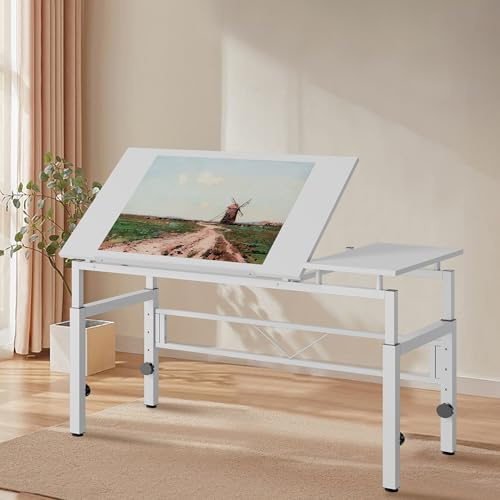 staronce Zeichentisch Weiß – Höhenverstellbar 77-100 cm & neigbar 0-60°, Schreibtisch mit 4 Nivellierfüßen – Arbeitstisch für Büro, Studium, Zeichensaal – Computertisch & Basteltisch für Erwachsene