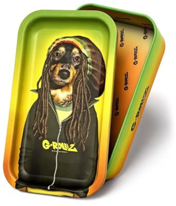 Smokers Store G-Rollz Mini Storage Tin and Rolling Tray Lid, Metal, 2-in-1 Design, Portable Stash Box, 12.3 x 7 x 3.2cm (Reggae Dog)