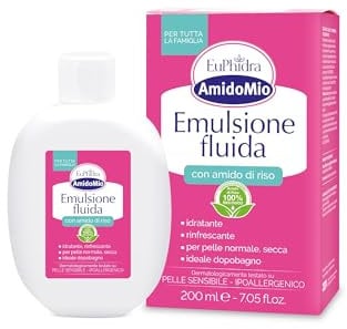 Euphidra - AmidoMio Emulsione Fluida, Azione Lenitiva e Rinfrescante con Amido di Riso, Effetto Emoliente, Lascia la Pelle Morbida e Idratata, Flacone 200ml
