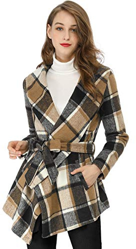 Allegra K Damen Asymmetrisch Bindegürtel Wickel Kariert Trenchcoat Mantel Braun XS