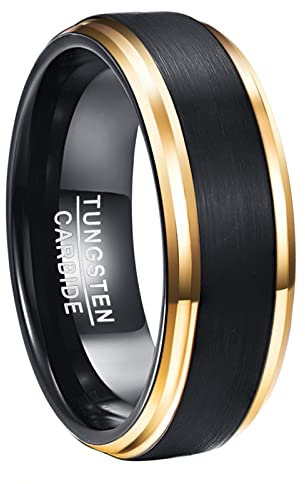 NUNCAD Men's Rings Black Mens Wedding Bands 8mm Tungsten Ring for Men Two-Tone Simple Band with Gold Beveled Edges Size S