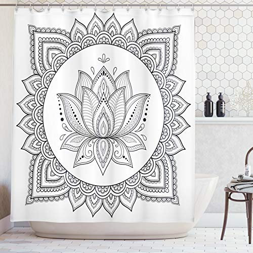 ABAKUHAUS Mandala Duschvorhang, Folk Zier Tattoo-Kunst, Stoffliches Gewebe Badezimmerdekorationsset mit Haken, 175 x 180 cm, Weiß schwarz