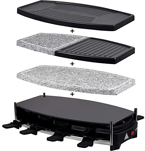 Syntrox Germany Raclette Grill Wallis, 8 Personen, Glas-Keramik + heißer Stein, 4 Zusatzplatten, 1000 Watt