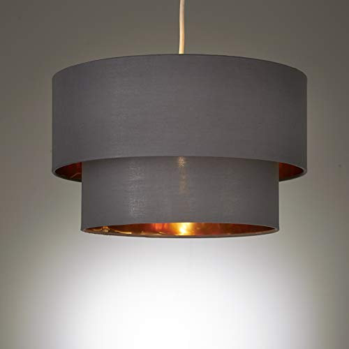 Grey Ceiling Light Shade 2 Tier Pendant with Inner Copper Lining Non Electric
