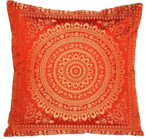 Ruwado Handgewebt und Handgefertigt Indische Banarasi Seide Kissenbezug, Zierkissenbezug, Sofakissenbezug, Dekokissen - Mandala Muster 40 x 40 cm | 16 x 16 Zoll, Rost-Orange